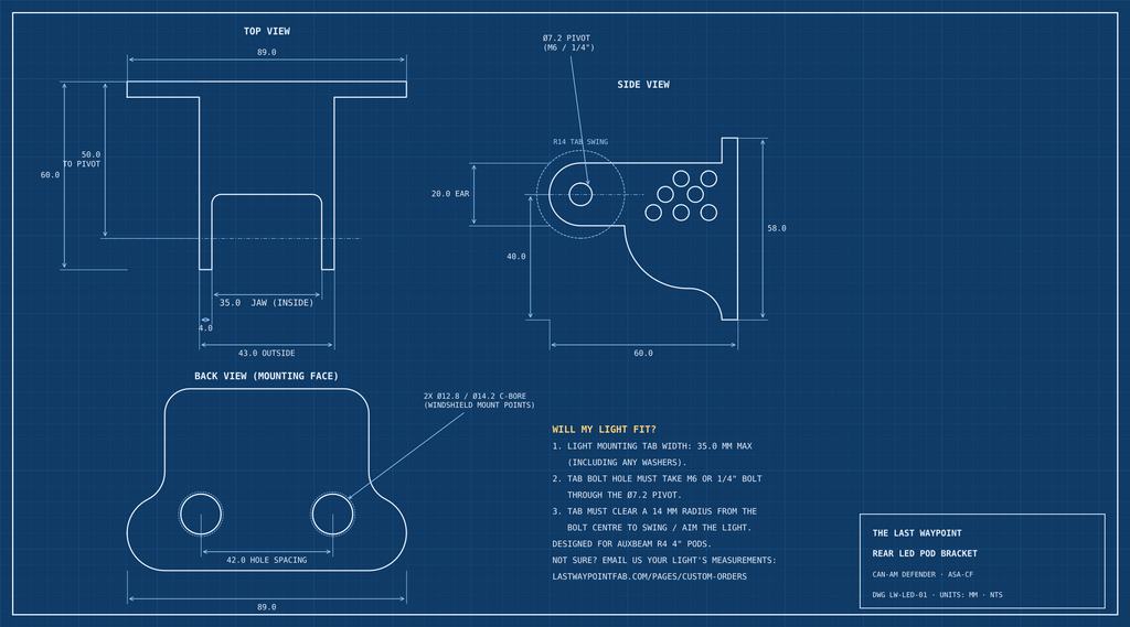 Dimensioned drawing of the rear LED pod bracket: 35 mm inside jaw, 7.2 mm pivot hole, 42 mm mounting hole spacing