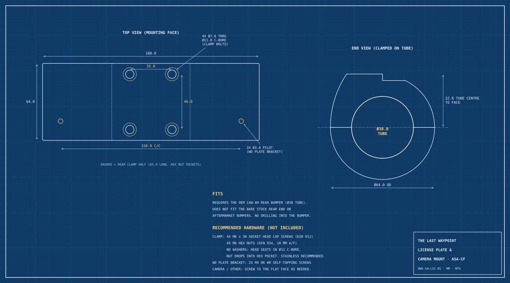Dimensioned drawing of the license plate and camera mount: 38 mm tube clamp, 180 x 64 mm face, M6 clamp bolts, WD plate bracket pilot holes 150 mm apart