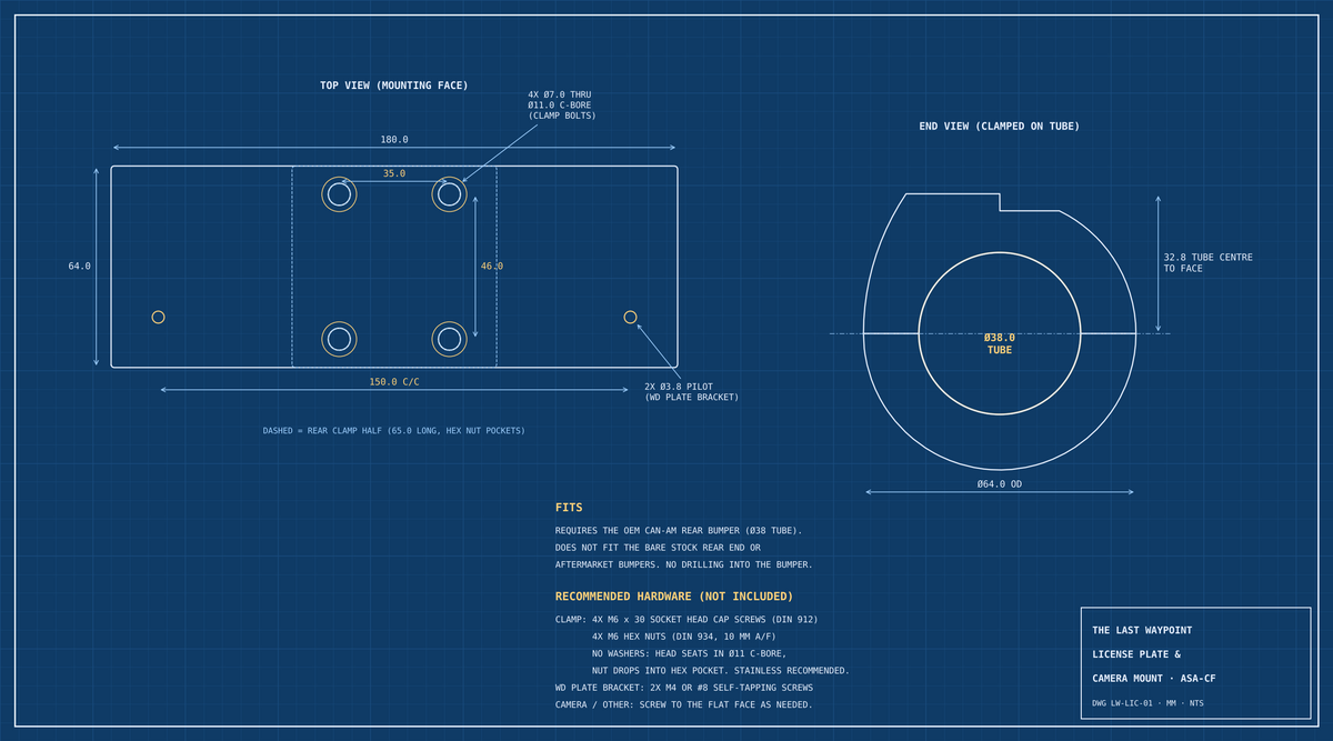 Dimensioned drawing of the license plate and camera mount: 38 mm tube clamp, 180 x 64 mm face, M6 clamp bolts, WD plate bracket pilot holes 150 mm apart