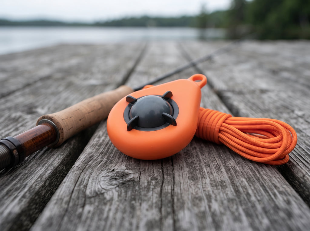 AI-generated illustration: Sonar Life Jacket on a dock with paracord and a fly rod