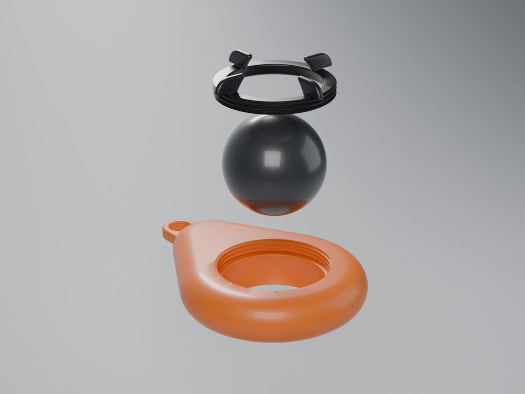 Render from the CAD model: exploded view of float, sonar and threaded lock ring