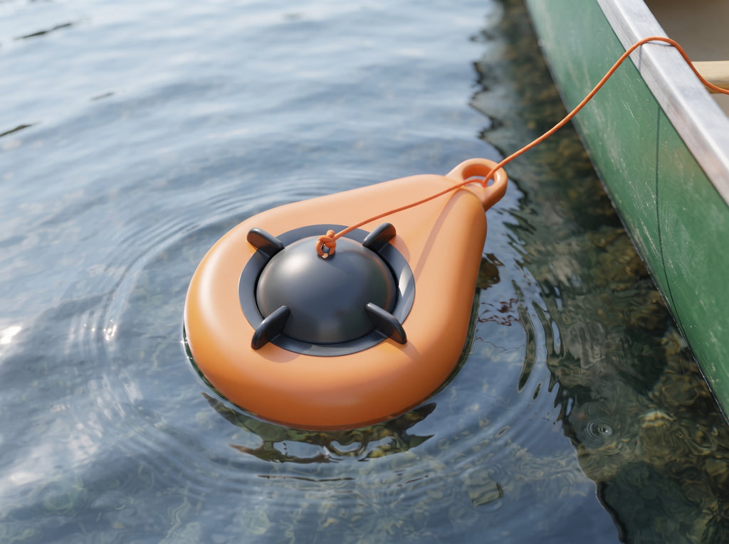 AI-generated illustration: tether line tied to the sonar and run through the tow eye to the canoe