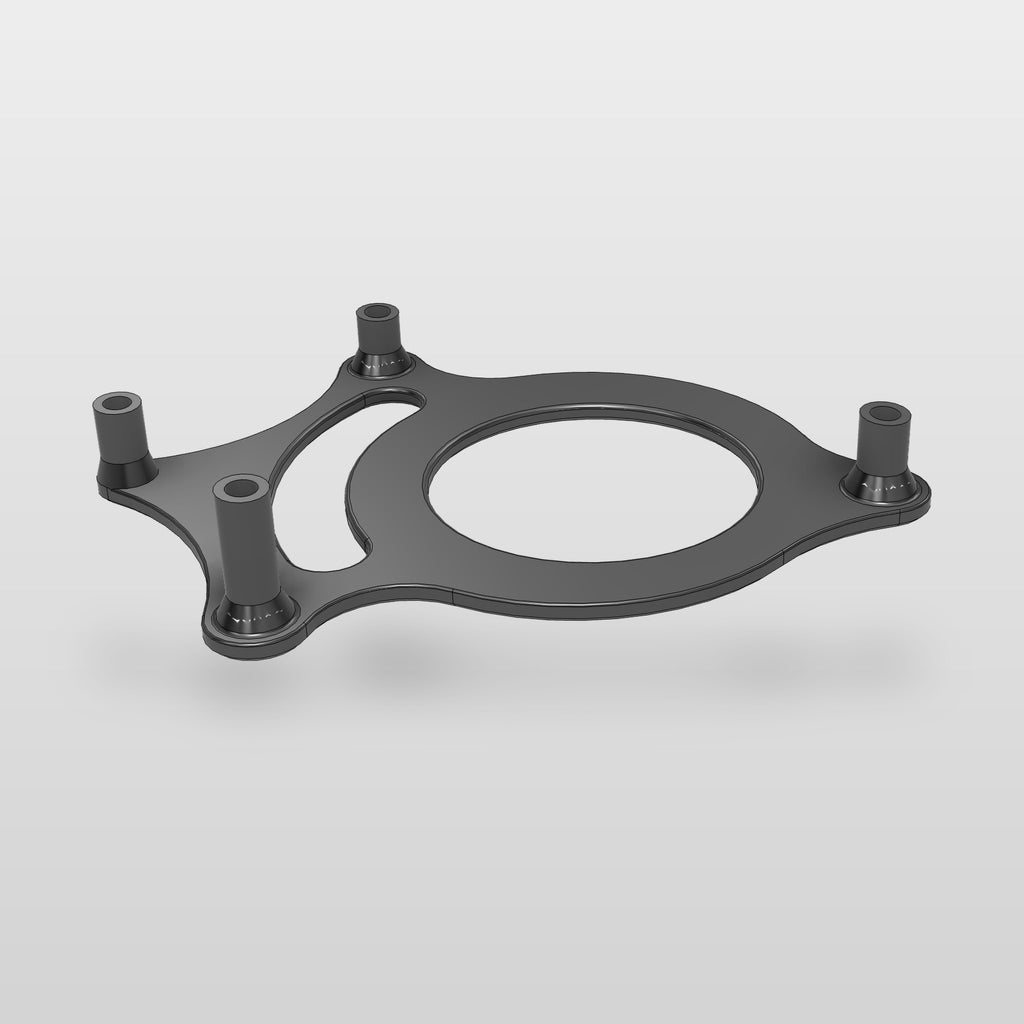 Render from the CAD model: rear roof speaker mount, three-quarter view showing the speaker opening and four standoffs